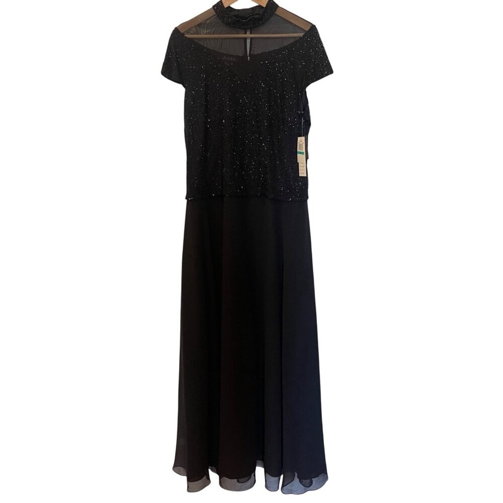 JKARA Women Formal Evening Beaded Maxi Dress Size 16 Mesh Overlay Elegant Formal